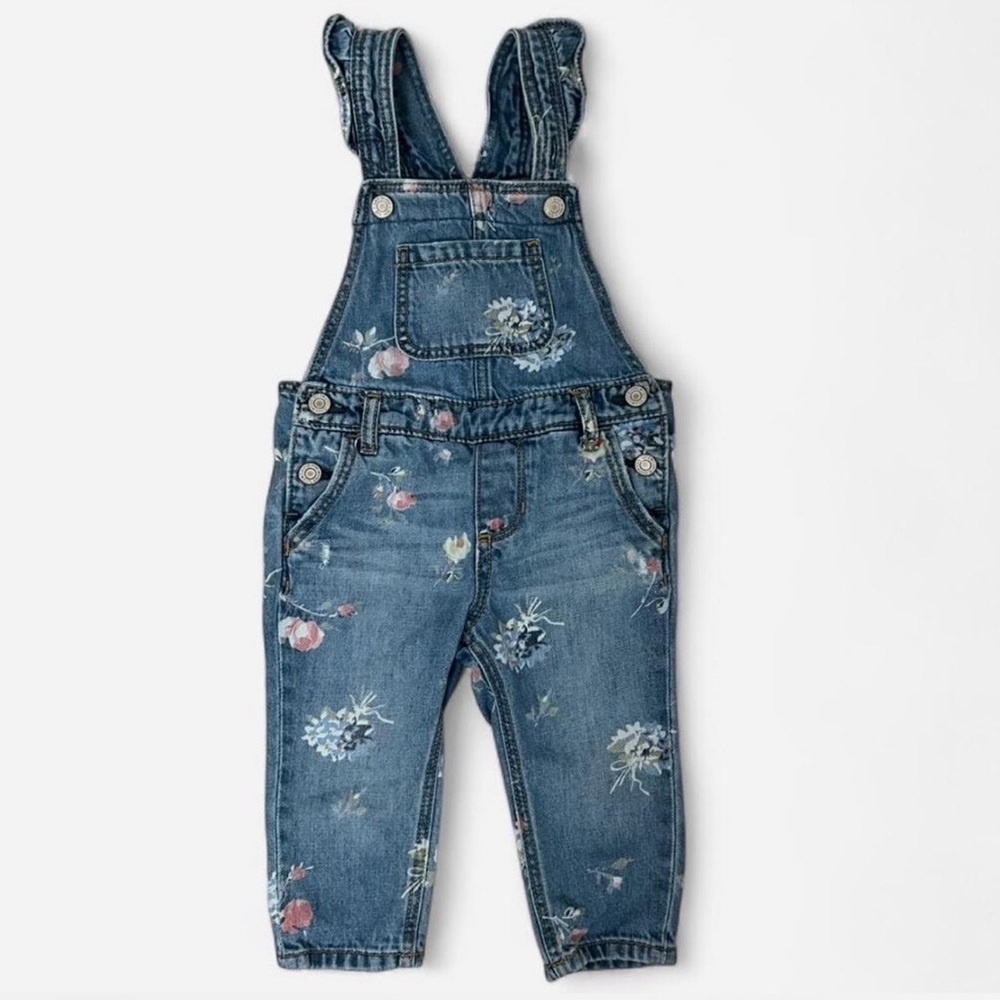 Baby Gap Toddler 12-18 Months Floral Print Blue Denim Overalls with Ruffle Strap